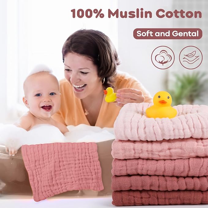 Yoofoss Muslin Baby Washcloths 100% Organic Cotton Face Towels 10 Pack Wash Cloths for Baby 12x12in Soft and Absorbent Baby Wipes (Gradient Pink)