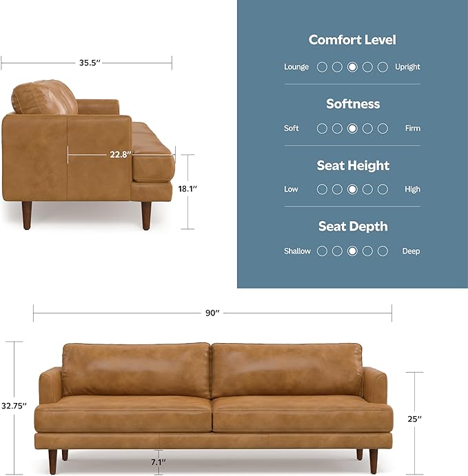 SIMPLIHOME Livingston 90-inch Wide Sofa in Sienna Top Grain Genuine Leather, Handcrafted Mid-Century Modern Couch for Living Room, Large 3-Seater with Feather-Wrapped Cushions and Solid Wood Frame