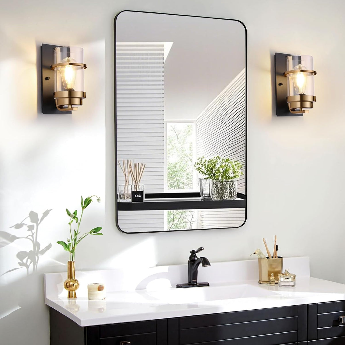 Black and Gold Sconces,Small Bathroom Wall Sconces,Modern Gold Sconces,Single Vanity Light(Bulbs not Included)