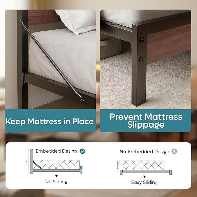 Bestier Twin Bed Frame with Storage Headboard and Charging Station, Walnut Platform Bed Frame with LED Light, Non-Slip Metal Bed Frame, Noise-Free, Easy Assembly,Brown