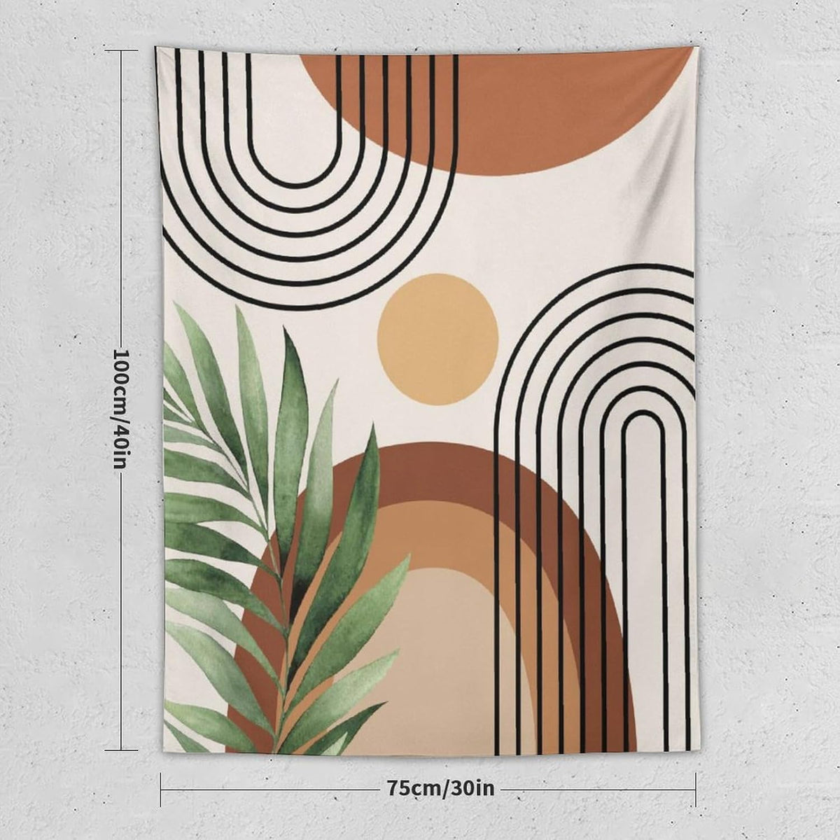 Abstract Bohemian Mid Century Tapestry, Tropical Leaves Modern Geometric Archway Minimalist Bohemian Botanical Aesthetic Wall Hanging, Sage Green Gold Home Decor Art for Bedroom 60x60 Inch
