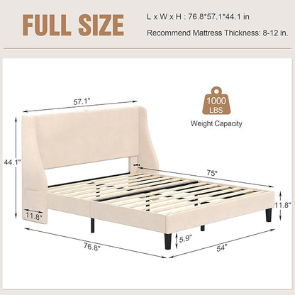 VECELO Full Bed Frame with Upholstered Wingback Headboard, Heavy-Duty Platform Bedframe with Charging Station, Wooden Slats, No Box Spring Needed, Beige