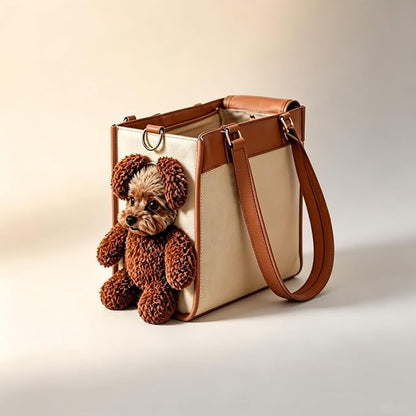 Teddy Bear Dog Carrier Bag, Teddy Carrier Bag for Dogs and Cats, Portable PU Leather Shoulder Tote with Plush Ears, Portable Convenient，White Brown Color Scheme L
