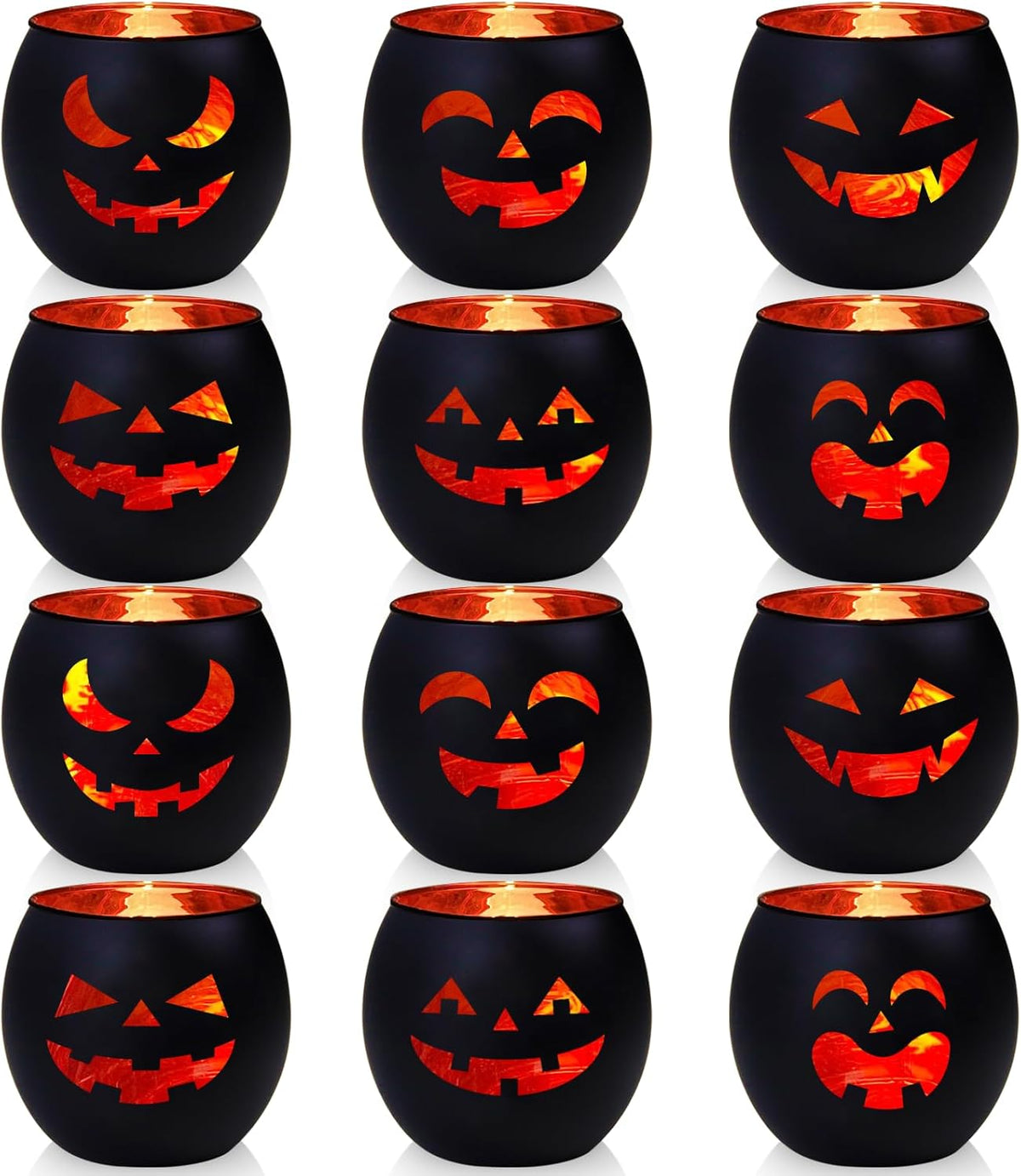 SHMILMH Halloween Table Centerpiece Candle Holders Set of 12, Black and Gold Glass Votive Holder with 6 Grimace, Tealight Holders Bulk for Halloween Party D?or