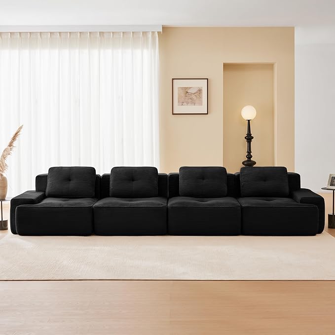 150.4'' Sectional Sofa, 32D Foam Corduroy Boneless Couch with Pillow, Deep Seat Wide Arm Sectional Couch for Apartment, Living Room, Bedroom