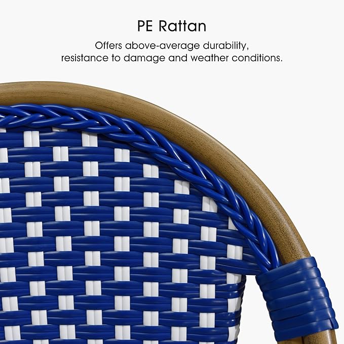 PURPLE LEAF French Bar Stool Set of 4 Bamboo Print Finish Patio Bar Stools with Back Rattan Bar Chairs Wicker Bar Height Stool 30" with Footrest Kitchen Island Stools Outdoor Barstool Royal Blue