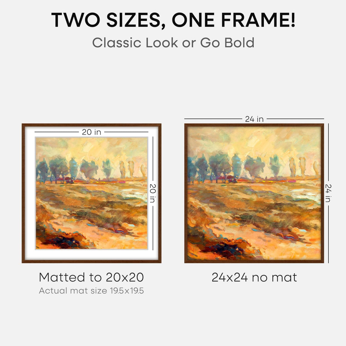 Homeforia 24x24 Picture Frame Brown, High End Dark Oak 24 x 24 Square Wood Frame with Mat 20 x 20 for Photo, 24by24 Wooden Walnut Poster Frame Matted to 20x20 Print, Tempered Glass, Wall Kit, Set of 1