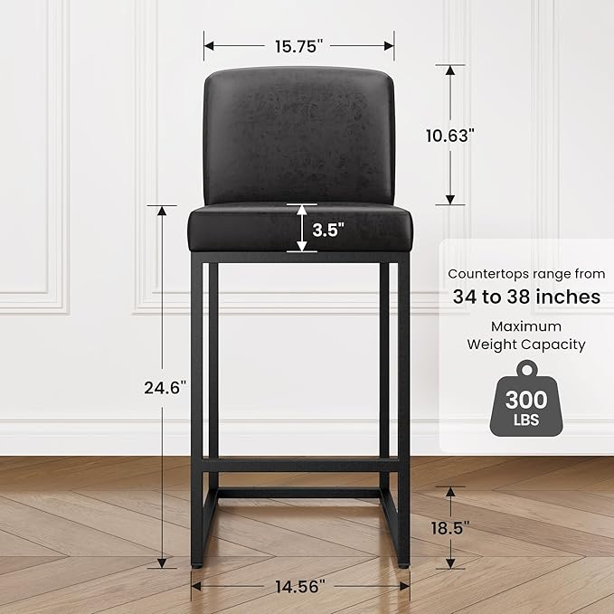 PHI VILLA Black Leather Bar Stools Set of 3, Counter Height Bar Chairs Modern Faux Leather Stools for Kitchen Island, 24 inch Barstools with Back