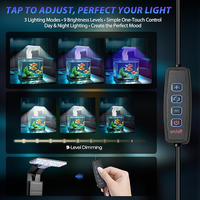 Mini Clip-On Aquarium Light 7W USB Dimmable Fish Tank Lamp with 3 Light Modes (Full Spectrum/White/RGB), 9-Level Brightness, Compact LED Light for 1–3 Gallon Aquariums