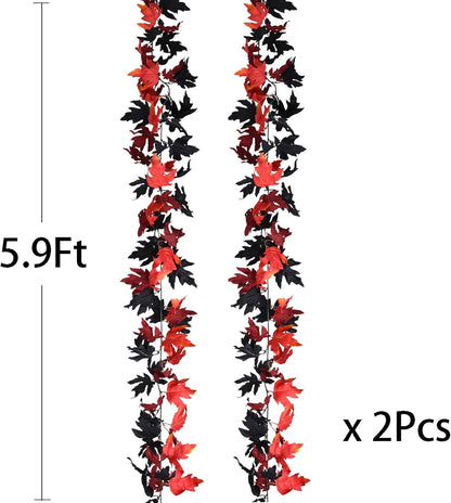 DearHouse 2 Pack Fall Maple Leaf Clearance, 5.9Ft/Piece Halloween Maple Foliage Garland Black and Red Autumn Decor for Home Fireplace Party