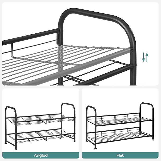 SONGMICS Shoe Rack, 2 Tier Shoe Organizer for Closet, Holds up to 8 Pairs of Shoes, Shoe Rack for Front Door Entrance, Metal Shoe Shelf with Adjustable Tilt Angle, for Entryway, Garage, Black