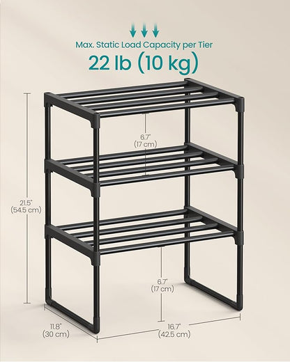 SONGMICS Shoe Rack, 3-Tier Shoe Organizer, Metal Storage Shelf, Upright or Upside Down, for 4-8 Pairs, Stackable, for Entryway, 11.8 x 16.7 x 21.5 Inches, Black ULSA003B01
