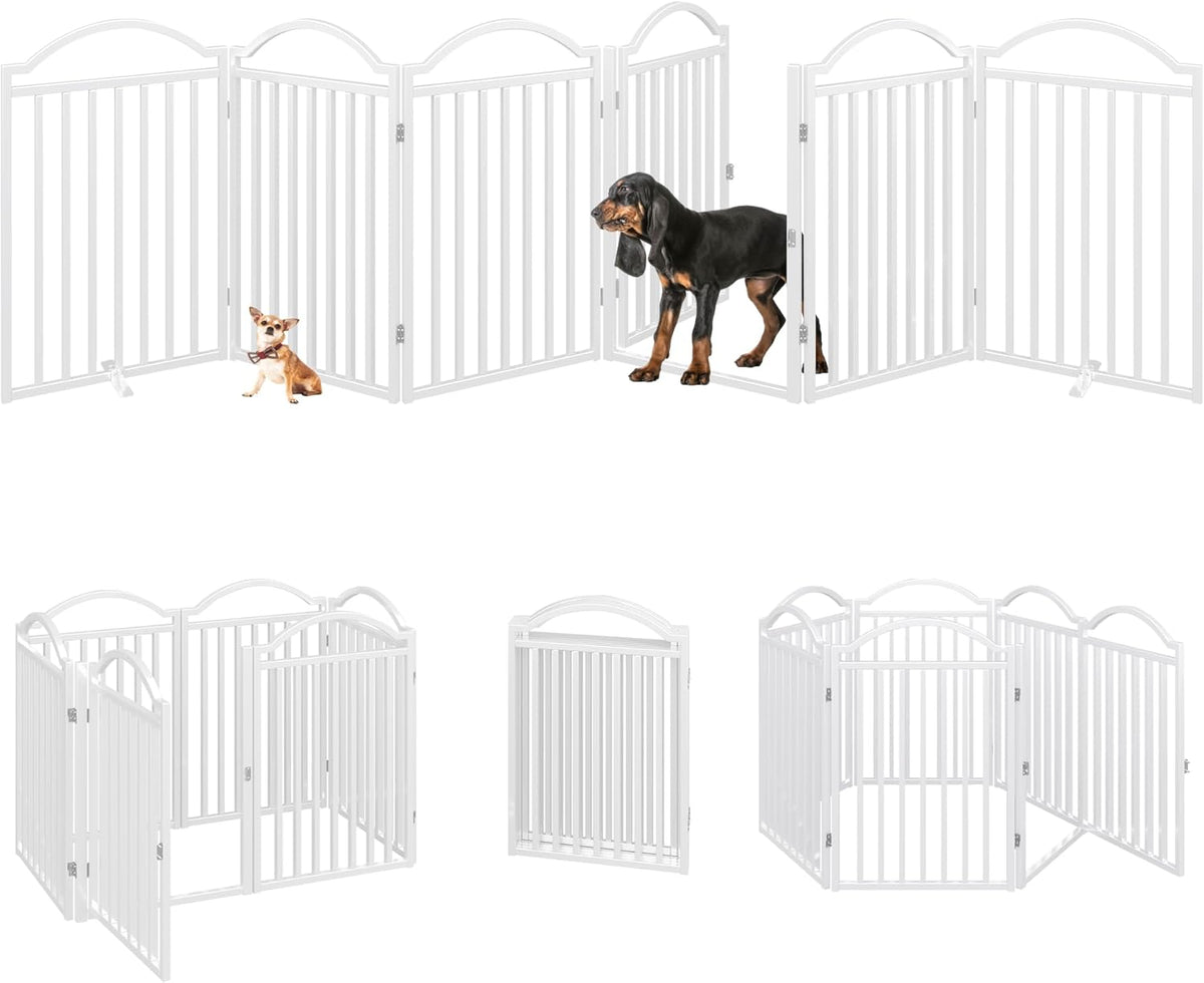 BHG Metal No-Assembly Freestanding Dog Gate with Door Walk Through, Extra Wide 144", Extra Tall 32" Pet Gate, Accordion Puppy Folding Playpen Dog Fence for Indoor & Outdoor, with 2PCS Support - White