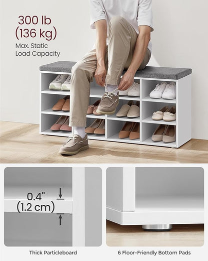 VASAGLE CUSTOS Collection - Shoe Bench, Storage Bench with Padded Seat, Entryway Bench with 12 Compartments, for Bedroom, 11.9 x 40.9 x 18.9 Inches, Cloud White and Slate Gray ULHS012W14
