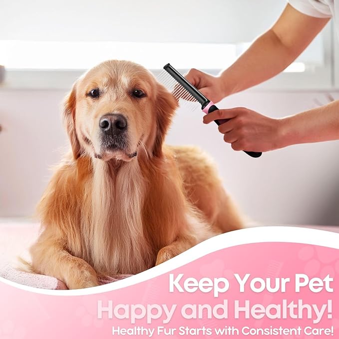 Flexzion Dog Comb - Pet Cat Grooming Trimmer Brush Stainless Steel Blade for Small Animal Puppy Matted Tangles Hair Cutting Removing Tool with Rounded Teeth Needle Soft Grip Handle (Pink)