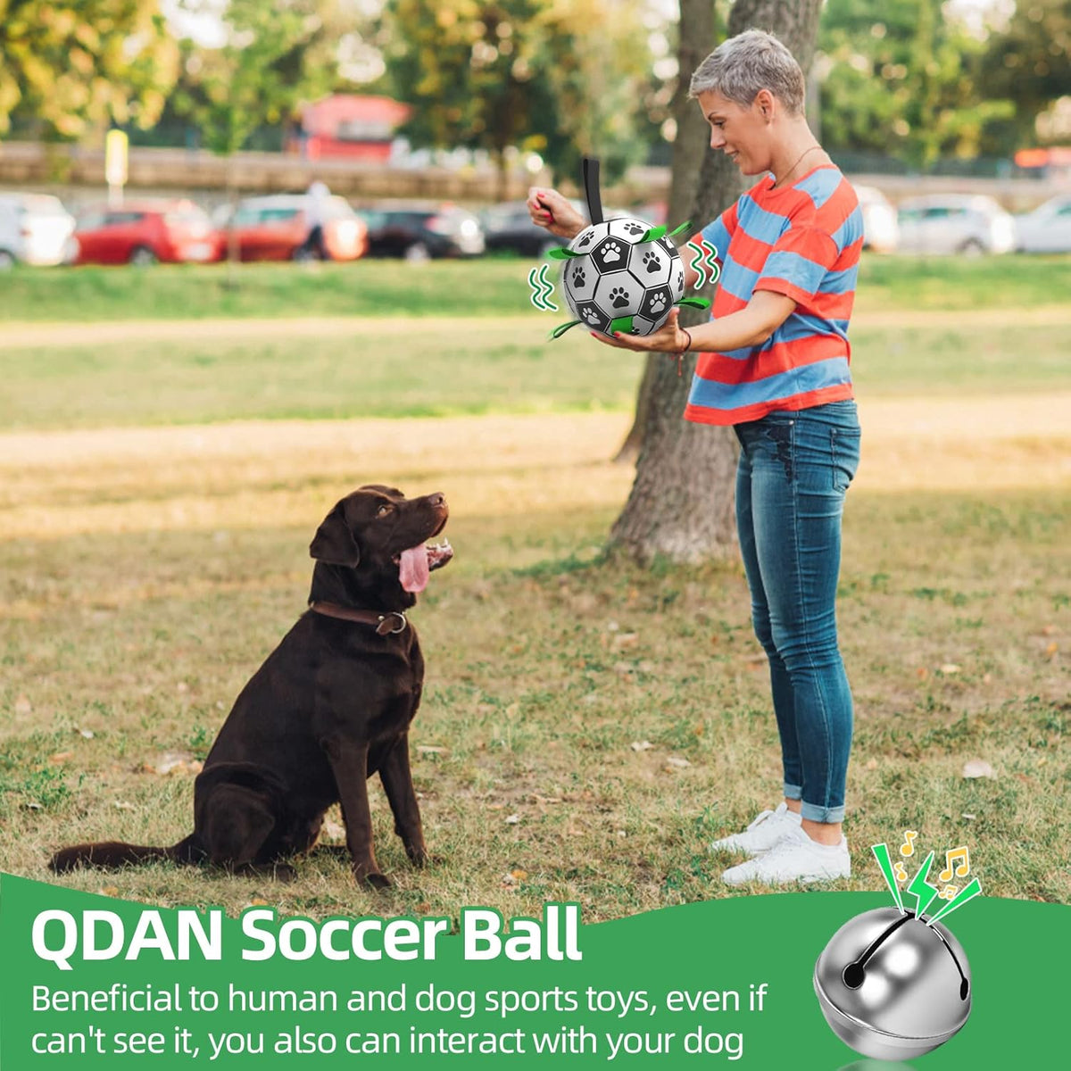 QDAN Dog Soccer Balls Toy with Bell Inside, Outdoor Interactive Dog Toys, Durable Ropes Squeaky Ball for Medium Large Dogs (8 Inch)