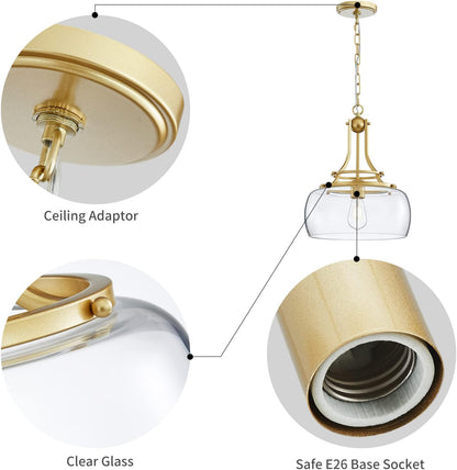 WUZUPS Chandelier Rustic Farmhouse Industrial Round Ceiling Pendant LED Light Fixture with Clear Glass Shades for Dining Room Kitchen Island Foyer Entryway, H 17" x W 13.4", E26 Base, Gold