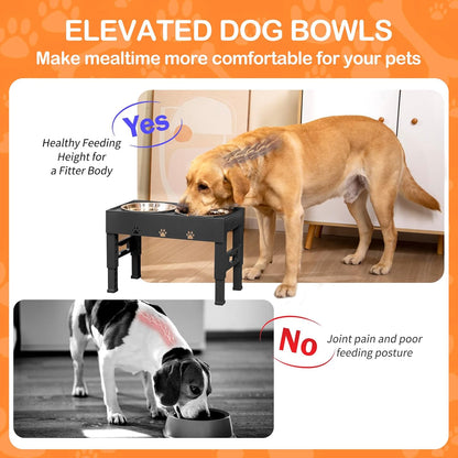 Elevated Dog Bowls with 2 Stainless Steel Bowls, Raised Dog Food Bowl Stand 5 Height Adjustable (3.1", 9", 10", 11", 12") Non-Slip Feeder Station Set for Medium and Large Dogs - Black