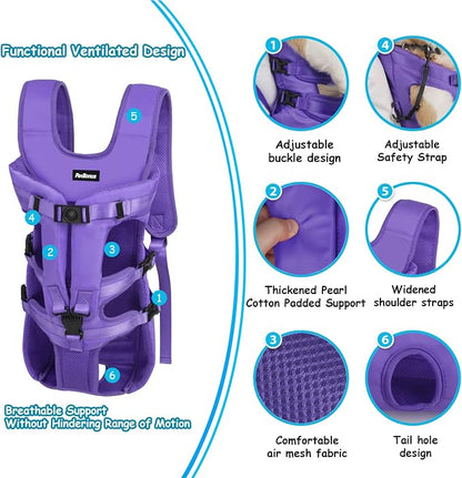 PetBonus Dog Front Carrier Backpacks, Legs Out Easy-fit Puppy Chest Carrier | Hands Free, Adjustable, Safety Strap, Walking Hiking Cycling Motorcycle bag, For Small Medium Dogs (Purple, L)