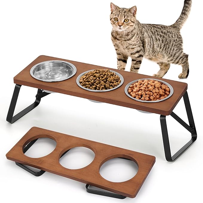 Foldable Raised Cat Bowls Holder 3 Stainless Steel Dog Cat Feeder 12 °Tilt Elevated Pet Water Food Bowls for Cats Puppies Rabbits