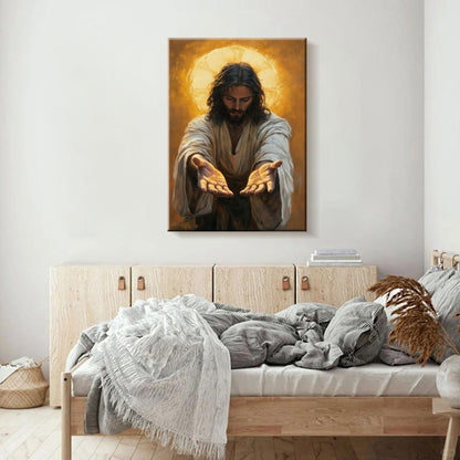 Framed Jesus Canvas Wall Art Painting with Gold Halo Christian Religious Poster Inspirational Christian Gallery Decor Painting Home Church Prayer Room Wall Hanging Print 24x36 Inch Ready to Hang