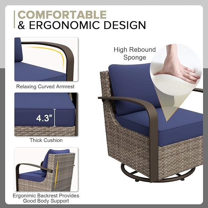COOS BAY Aurora Terrace Half-Moon Outdoor Furniture Set, Rattan Conversation Set with Swivel Rockers, Curved 4-Seat Sofa, Coffee Table & Side Table, Seats 6, Beige/Blue