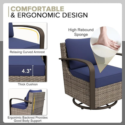 COOS BAY Aurora Terrace Half-Moon Outdoor Furniture Set, Rattan Conversation Set with Swivel Rockers, Curved 5-Seat Sofa, Coffee Table, Seats 7, Beige/Blue