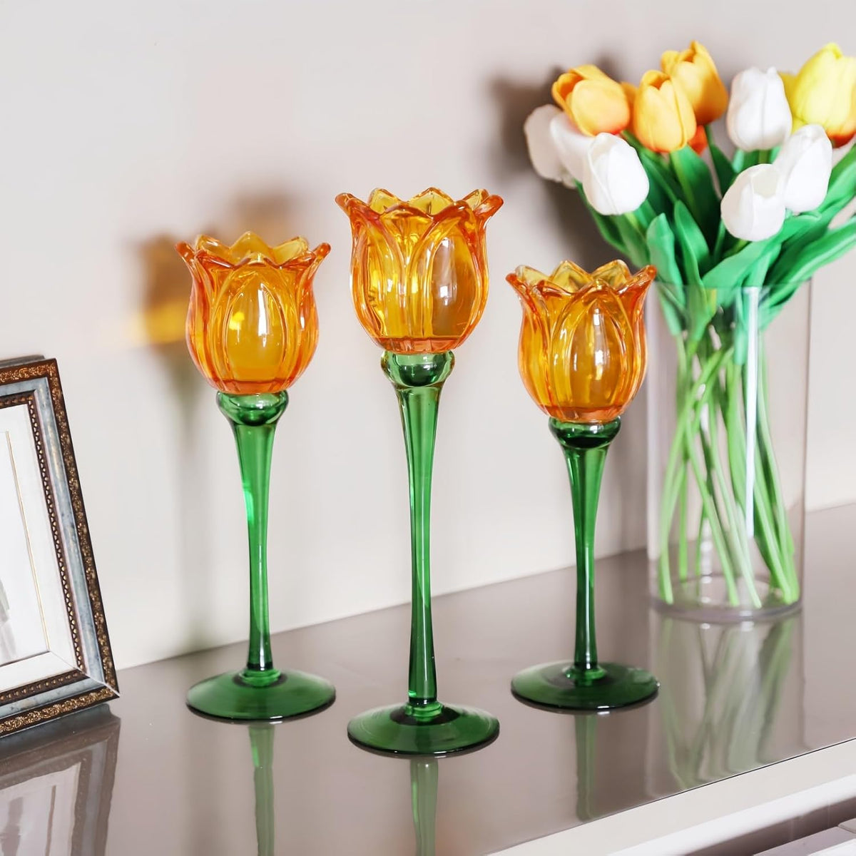 VOHO Orange Tulips Votive Candle Holders for Spring Decor, Elegant Tall Glass Candle Holder Centerpiece Table Decorations, Tulip Tealight Candle Holder for Wedding for Women(Set of3)