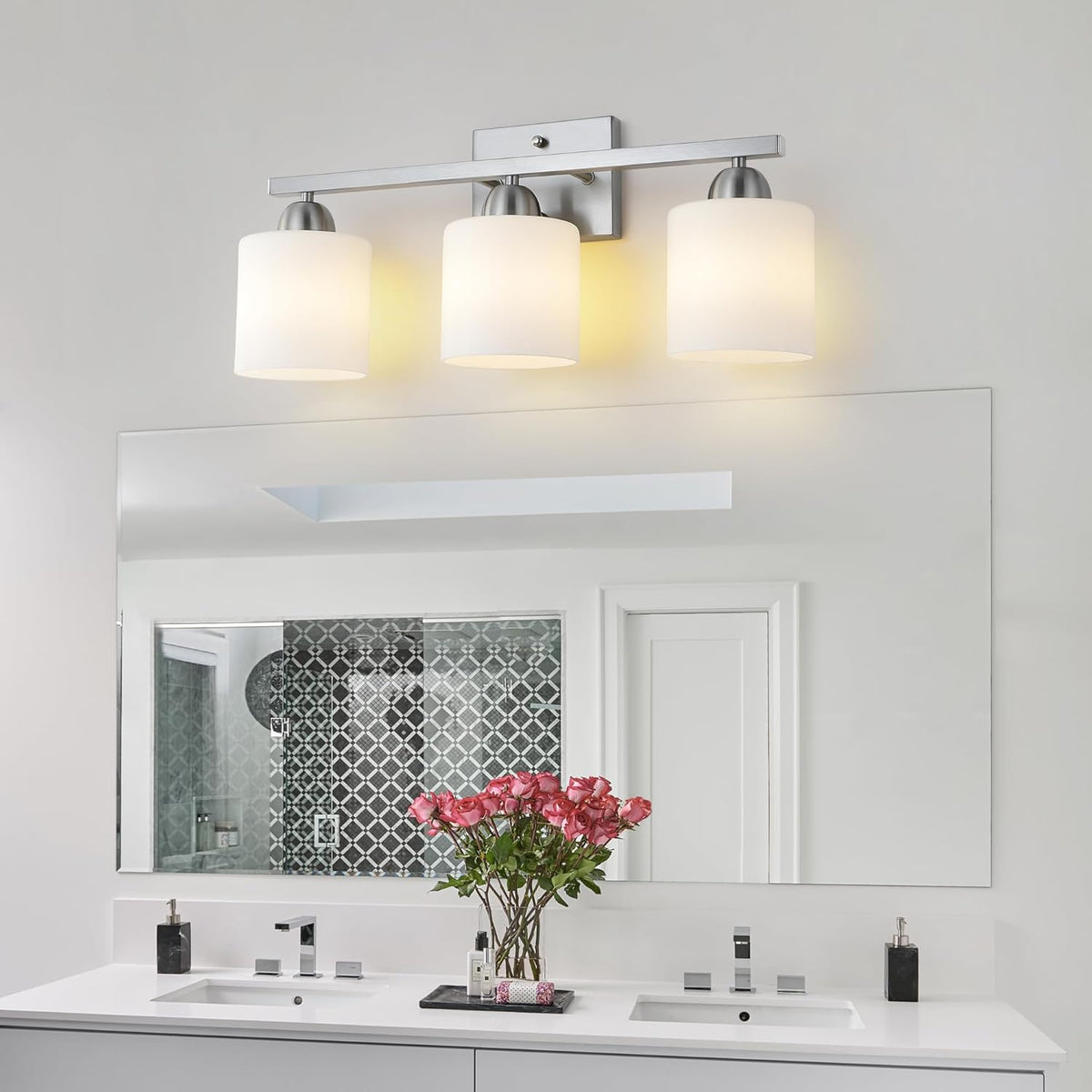 Stainless Steel Milk Glass Vanity Lights for Bathroom, 3 Light Brushed Nickel Bathroom Light Fixtures Over Mirror, Ceramic E26 Sockets Wall Mounted