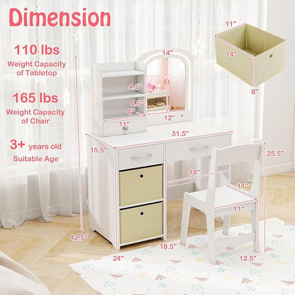 HONEY JOY Kids Vanity, Little Girls Vanity Set with Mirror and Stool and Lights, Wooden Princess Makeup Dressing Table, Storage Box & Shelf, Pretend Play Kids Vanity Table and Chair Set(White)