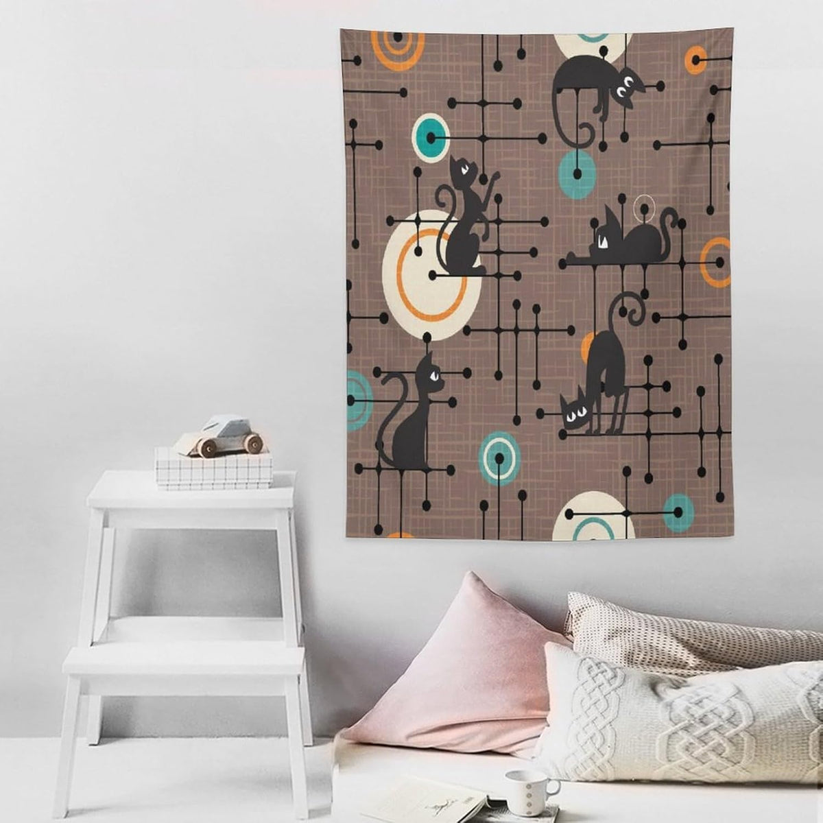 ICMOLYYENLO Boho Medieval Cat Tapestry, Abstract Atomic Starburst Geometric Aesthetic Art Wall Hanging For Bedroom Living Room Dormitory 50x60 Inches