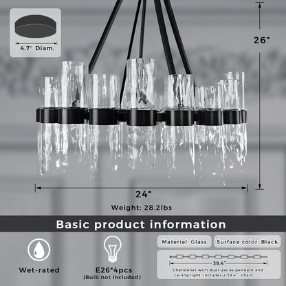 Round Black Glass Wagon Wheel Chandelier, Chandelier with Water Ripple Textured Recycled Clear Glass Piece, Modern Industrial Pendant Light with Metal Frame, Lighting Fixture for Living Room, Foyer