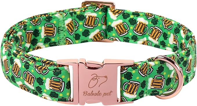 St. Patrick's Day Dog Collar, Beer & Clover Green Dog Collars, Adjustable Heavy Duty Irish Shamrock Pet Collar for Small Medium Large Dogs with Metal Buckle S