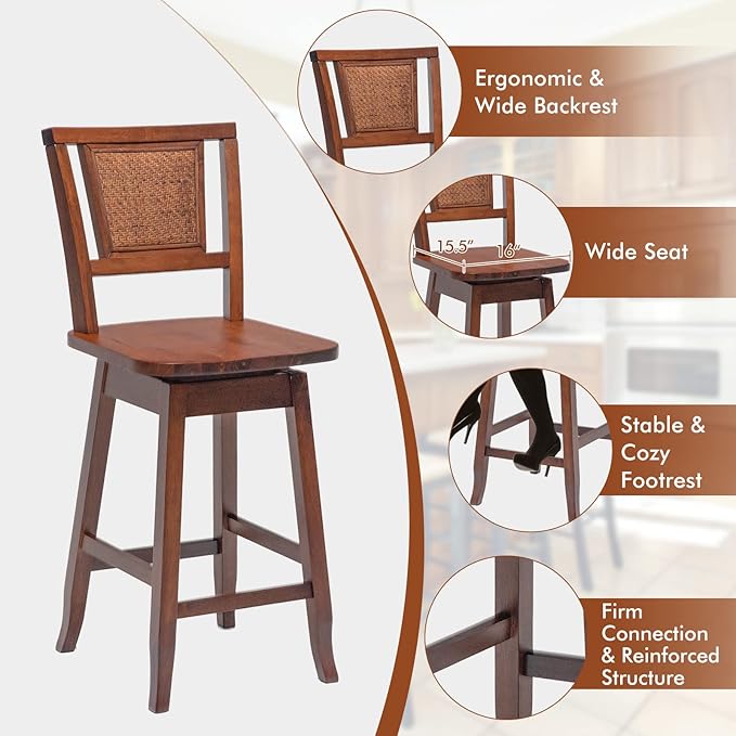 COSTWAY Bar Stools Set of 2, 24.5 Inch Counter Height Bar Stool with Rattan Back, 360°Swivel Seat, Comfortable Footrests, Rubber Wood Bar Stools for Kitchen Island, Dining Room, Cafe, Pub (2)