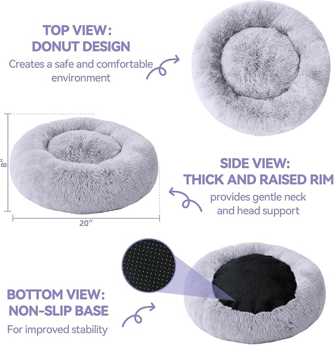 Cat Beds for Indoor Cats, Washable 20" Donut Pet Bed for Small Dogs | Fluffy pet bed with cozy plush comfort and supportive raised sides, perfect for lounging, napping and relaxing indoors.