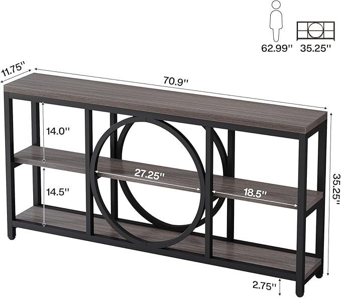 Tribesigns 70.9 Inch Extra Long Console Table for Entryway, Sofa Table Behind Couch with 3 Tier Wood Storage Shelves Industrial Metal Frame for Living Room Hallway Entryway, Black Rustic Gray