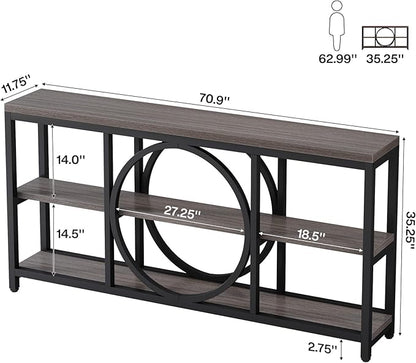 Tribesigns 70.9 Inch Extra Long Console Table for Entryway, Sofa Table Behind Couch with 3 Tier Wood Storage Shelves Industrial Metal Frame for Living Room Hallway Entryway, Black Rustic Gray