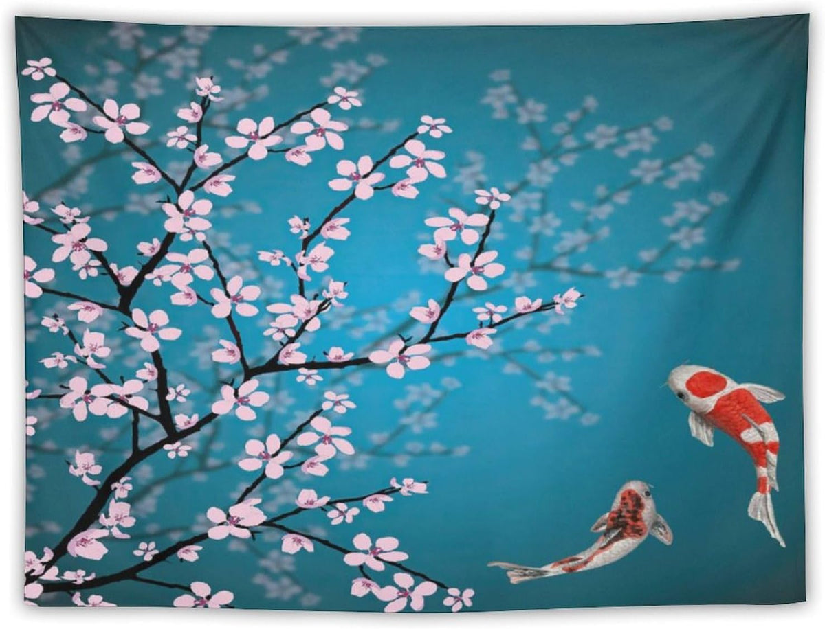 Japanese Koi Fish Tapestry, Cherry Blossoms Asian Oriental Green Teal Flower Branch Koi Fish Carp Tapestries Wall Hanging for Bedroom Living Room Office Decor 60"x50"