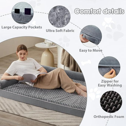 BFPETHOME Orthopedic Washable Human Dog Bed for Adult & Dog Cozy Sleep | Human Size Waterproof Big Soft Pet Couch Bed for Adult & Dogs Relax with Removable Cover Supportive Foam Grey 61x43 Inch