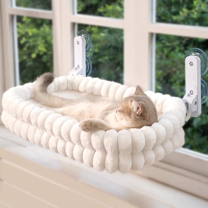 CHEERPALS Cat Window Perch for Indoor Cats Hammock for Window with Reversible Cushion, Foldable Cat Window Bed for Large Cats and Kittens(White,Medium)