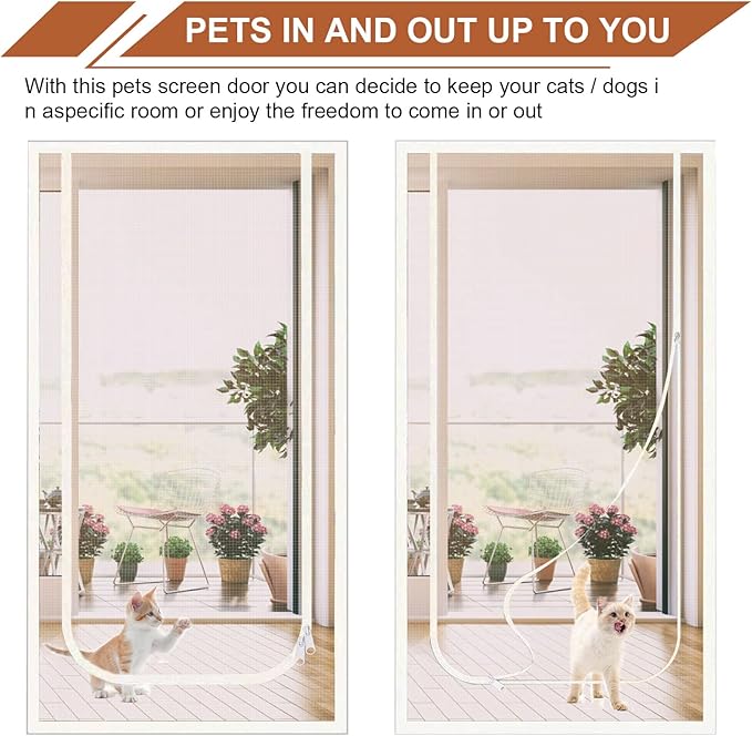 Dixutzi Reinforced Cat Screen Door Fits Door Size 32''x 80'', Heavy Duty Pets Proof Screen Door with Zipper, Prevent Dogs Cats Running Out from Home (White)