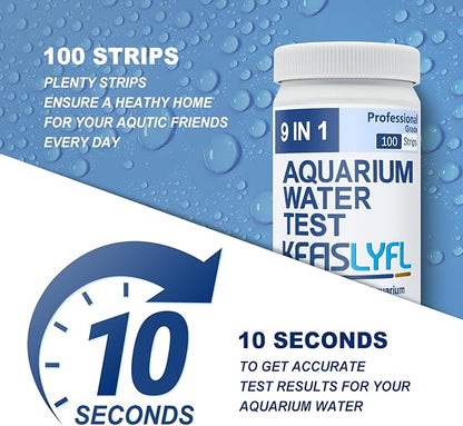 Aquarium Test Strips,100 Strips 9 in1 Saltwater and Freshwater Aquarium Test Kit for Aquarium,Pond and Fish tank,Testing Carbonate,Alkalinity,pH,Hardness,Free Chlorine,Nitrate,Nitrite,copper and Iron.