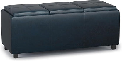 SIMPLIHOME Avalon 42 inch Wide Contemporary Rectangle Storage Ottoman in Distressed Dark Blue Vegan Faux Leather, Assembled, for the Living Room, Entryway and Family Room