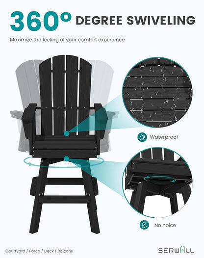SERWALL Swivel Adirondack Bar Chairs Set of 4, HDPE Outdoor Swivel Barstools Chairs Set of 4 for Bistro, Poolside, Garden, Black