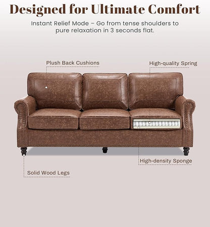 WILLOVE 79'' Faux Leather Sofas for Living Room, Mid Century Modern Couches with Rolled Arm & Nailhead Trim for Small Space, Apartment, Dark Brown