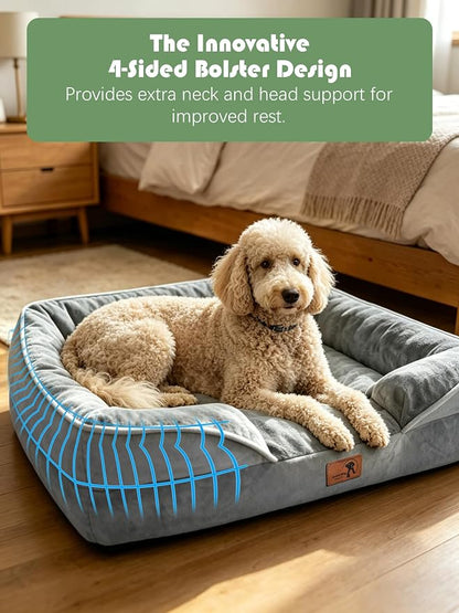 Spotted Play Orthopedic Dog Bed with Sides - Dog Sofa Beds for Large Dogs, Supportive Foam Pet Couch Bed with Washable Removable Cover, Waterproof Lining and Non-Slip Bottom, Grey - L-Plus