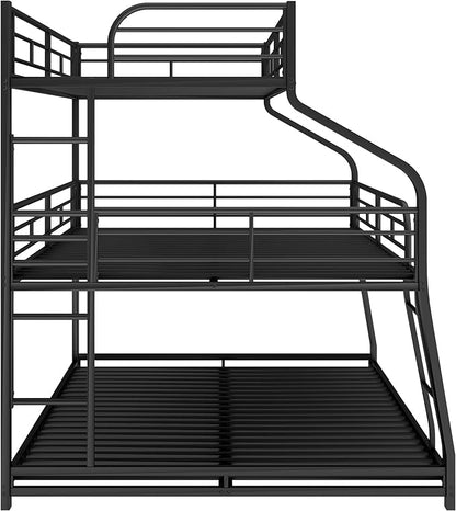 Twin XL/Full XL/Queen Triple Bunk Bed with Long and Short Ladder & Full-Length Guardrails,3 Bed Frame in 1 w/Stairs,Easy Assembly,for Adult Kid Boy Girl Teen,Black
