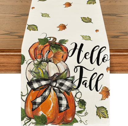 Artoid Mode Pumpkins Bowknot Maple Leaf 210 GSM Fall Table Runner, Seasonal Autumn Kitchen Dining Table Decoration for Home Party Decor 13x36 Inch
