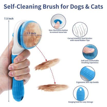5 in 1 Dog Grooming Kit - Self-Cleaning Slicker Brush for Shedding Short Long Haired Dogs & Cats, Includes Pet Comb, Flea Comb, Bath Brush, Undercoat Rake - Complete Fur Care Set - Blue