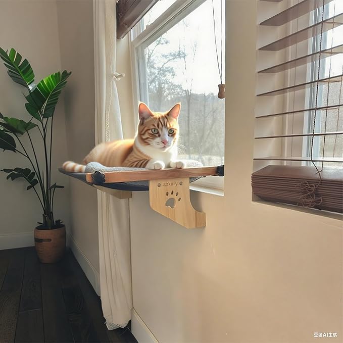 Cat Window Perch - Drill-Free Adjustable Sill Hammock, Sturdy Wood & Metal Frame, Washable Non-Slip Bed Cover, Easy Install for Indoor Cats & Multi-Cat Families (Grey,XL)